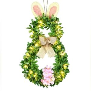 Farmhouse shabby chic lighted easter bunny ears wreath with timer
